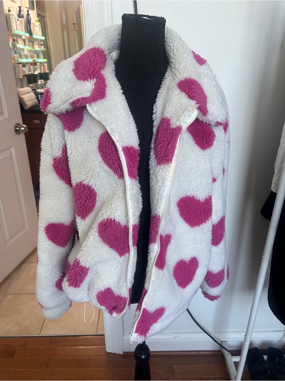 White Sherpa Heart Zip Jacket with Pink Hearts